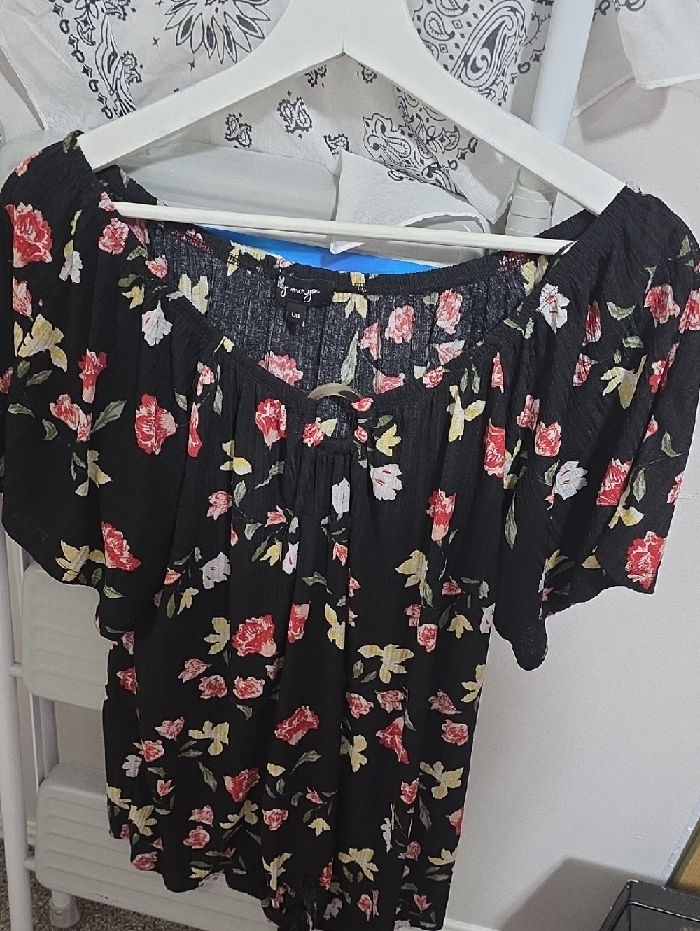 Off-Shoulder Black Floral Blouse with Red and Cream Blooms